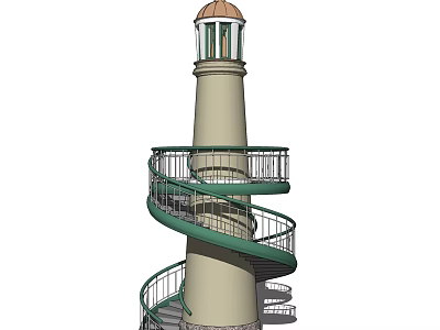 Elegant Beige Lighthouse Tower With Spiral Staircase Green Railings And Dome Top 3d model