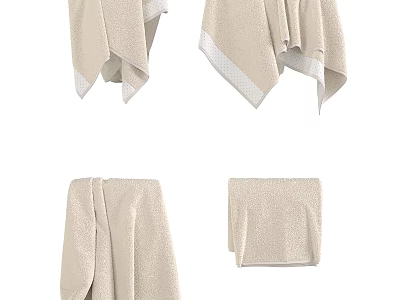 Soft Cotton Beige Towels in Various Folded Styles for Bathroom 3d model