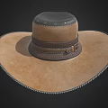 Brown Leather Wide Brimmed Hat With Black Top And Stitching Details