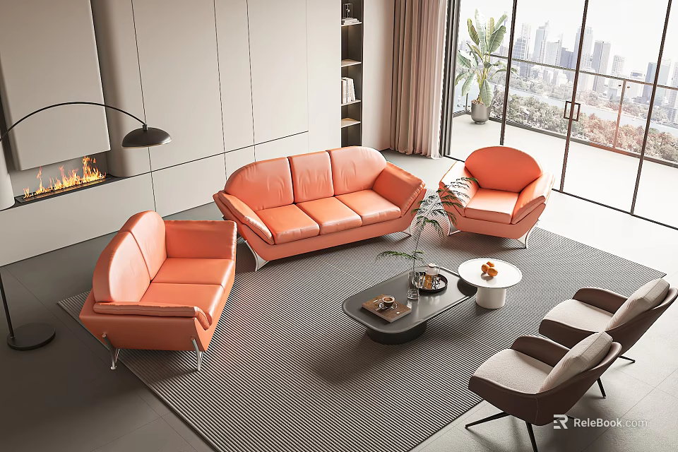 Modern Orange Sofa and Coffee Table Set with Floor to Ceiling Windows and City View 3d model