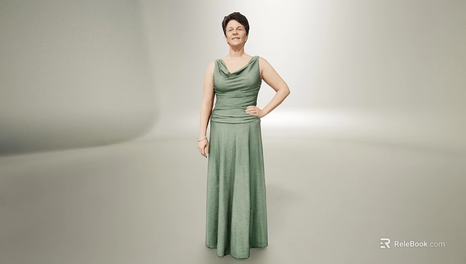 Elegant Woman in Green Long Dress Posing with Hand on Hip Against Neutral Gray Backdrop 3d model 