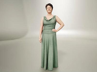 Elegant Woman in Green Long Dress Posing with Hand on Hip Against Neutral Gray Backdrop 3d model