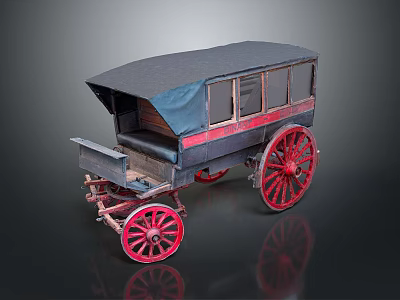 Vintage Horse Carriage With Black Canopy Red Wheels And Wooden Body 3d model