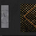 Contemporary Wall Hangings Including Silver Rectangular Clock And Black Panel With Gold Dots Yellow Lines 3d model