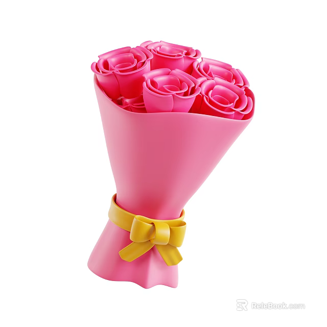 Pink Roses Bouquet With Pink Wrapping And Yellow Bow Decoration 3d model 