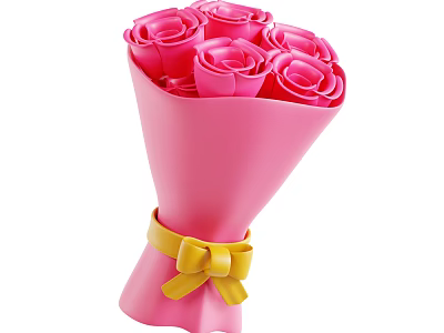 Pink Roses Bouquet With Pink Wrapping And Yellow Bow Decoration 3d model