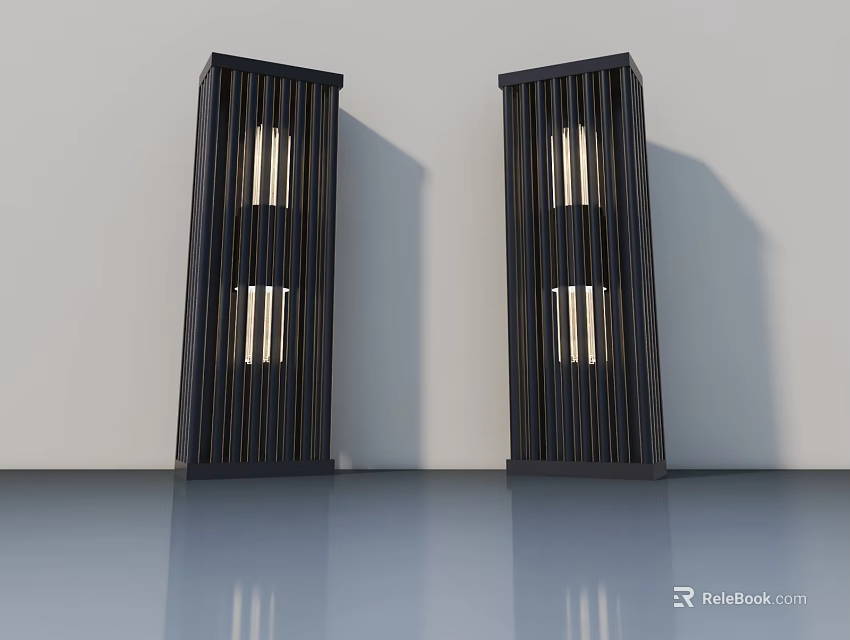 Two Black Casement Doors With Vertical Stripe Design Against Light Colored Wall On Smooth Floor 3d model 