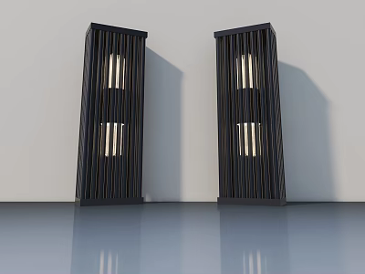 Two Black Casement Doors With Vertical Stripe Design Against Light Colored Wall On Smooth Floor 3d model