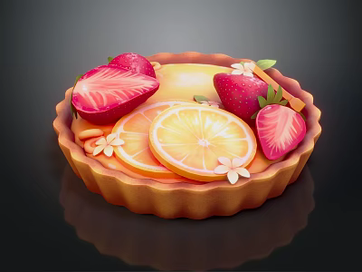 Fresh Fruit Tart With Strawberry Slices Orange Segments And Flower Decorations 3d model