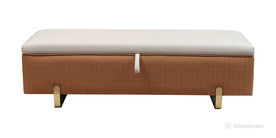 Brown Storage Bed Bench With Gold Metal Legs And Padded Upholstered Seat 3d model 