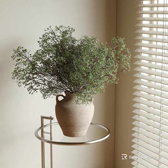 Bonsai Potted Plant in Terracotta Vase on Glass Table with Metal Frame Near Window Blinds 3d model 
