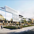 Modern Commercial Street With Glass Facades Pedestrians Greenery Benches And Open Spaces