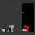Black Smeg Refrigerator With Kitchen Appliances Red Blender Coffee Maker Knives And Spice Bottles