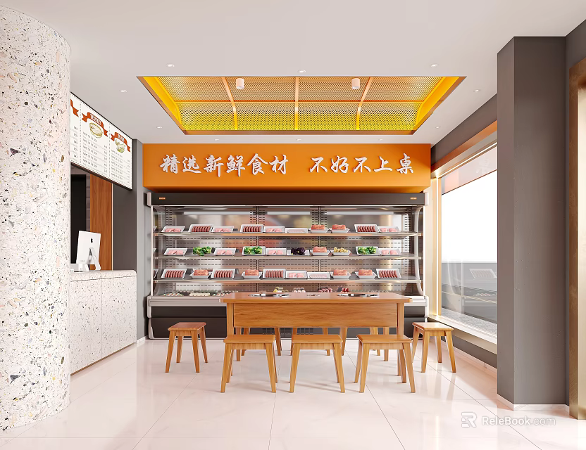 Restaurant With Fresh Ingredients Display Fridge And Wooden Dining Table Area 3d model 