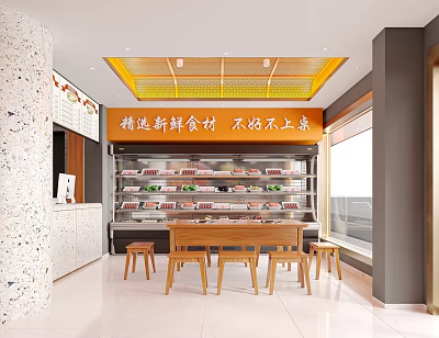 Restaurant With Fresh Ingredients Display Fridge And Wooden Dining Table Area 3d model