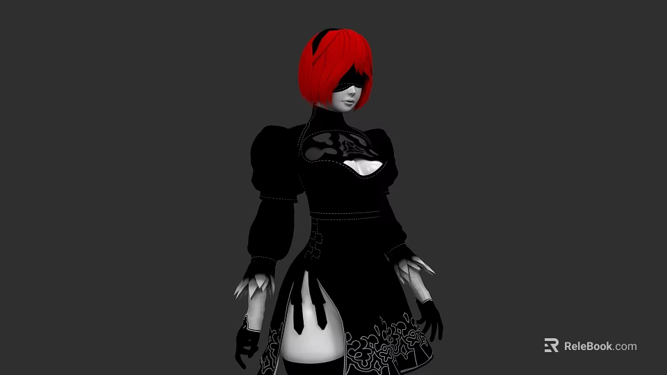 Woman With Red Hair And Eyepatch In Black Outfit With Floral Patterns And Long Gloves 3d model 