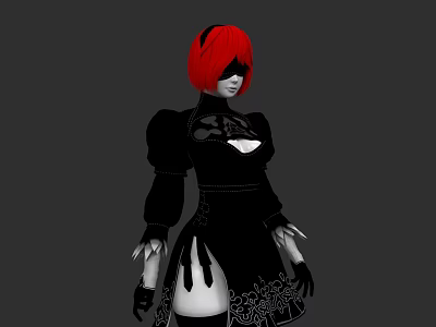 Woman With Red Hair And Eyepatch In Black Outfit With Floral Patterns And Long Gloves 3d model
