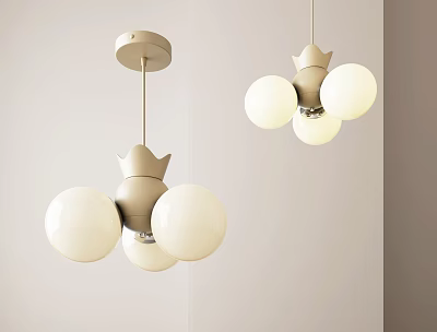 Elegant Modern Chandelier With Crown Top Design And Spherical White Bulbs Beige Frame 3d model