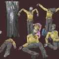 Multiple zombie like people wearing yellow shirts standing and lying in dark background