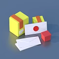 Collection of Yellow Boxes Red Cube and White Envelopes with Red Circle