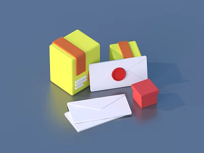 Collection of Yellow Boxes Red Cube and White Envelopes with Red Circle 3d model