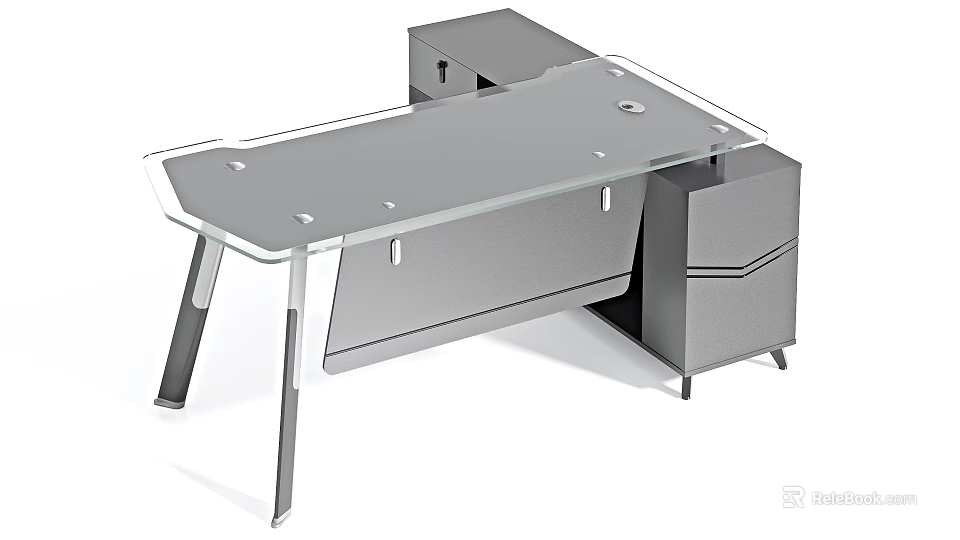 Sleek Modern Glass Top Office Desk With Attached Side Storage Cabinets For Daily Office Work 3d model 