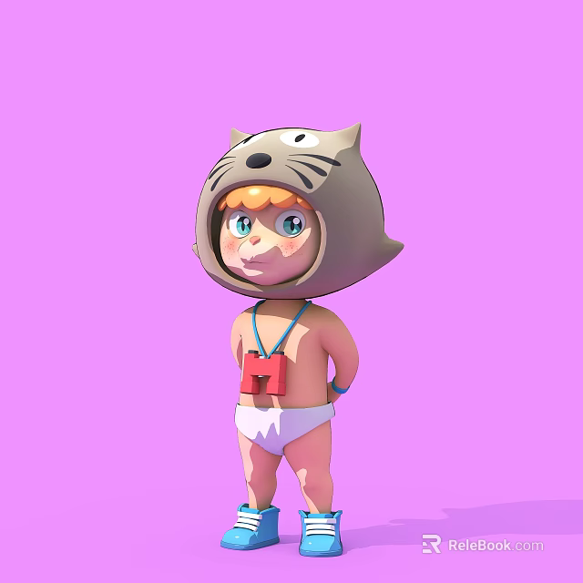 Cute Game Movie Character With Gray Cat Hat Orange Hair Blue Eyes And White Diaper 3d model