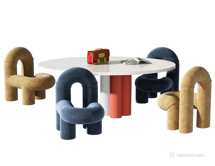 White Round Kids Table with Colorful Chairs Toy Box and Book for Room 3d model 