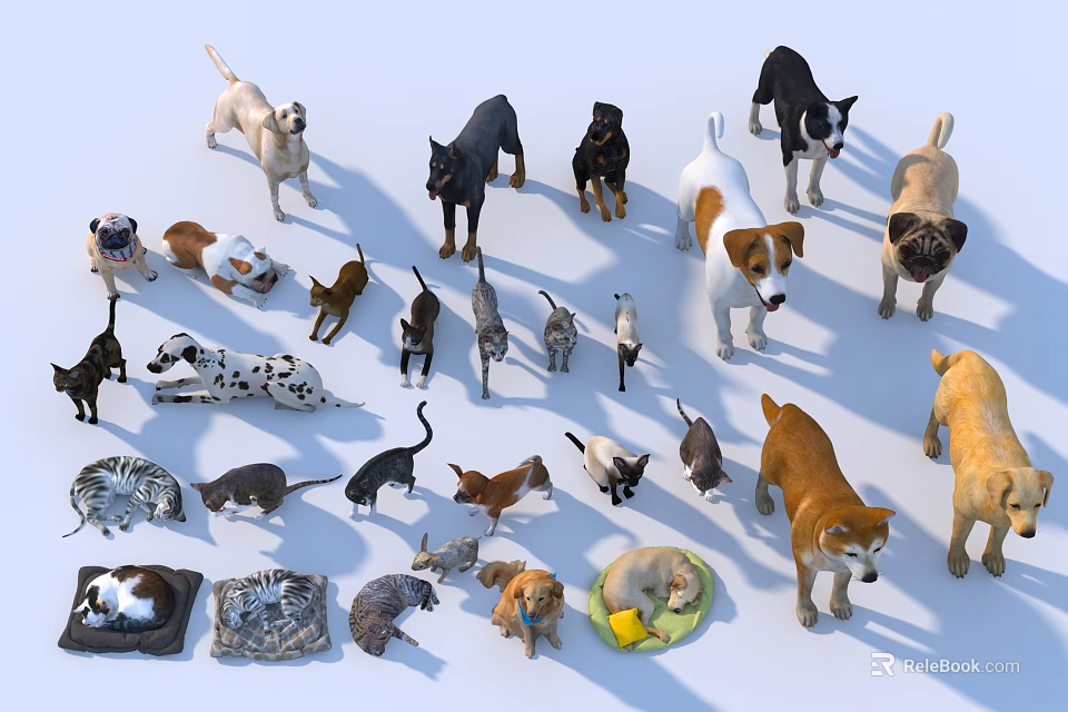 Diverse Pet Figurines Featuring Various Dog and Cat Breeds with Beds 3d model