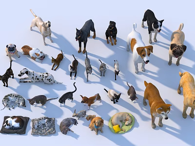 Diverse Pet Figurines Featuring Various Dog and Cat Breeds with Beds 3d model