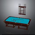 Billiard Table Setup With Blue Felt Surface Wooden Frame And Hanging Cue Rack