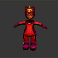 Cartoon Cat In Red And Pink Costume With Cat Ears Glowing Eyes And Yellow Accents