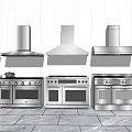 Modern Kitchen Appliances Display Featuring Stainless Steel Range Hoods And Ovens