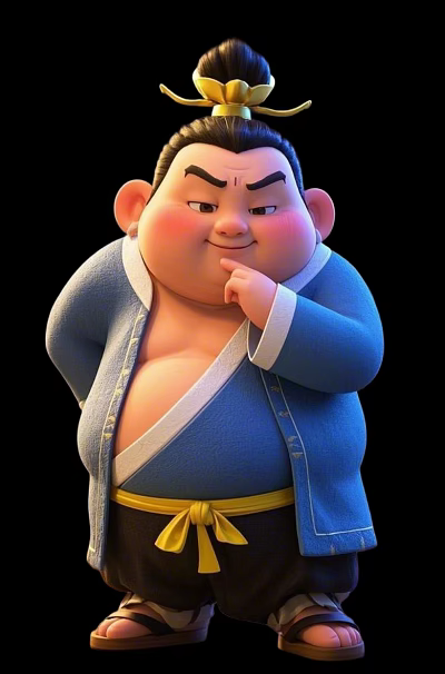Chubby Man In Blue Traditional Robe With Yellow Belt Hand On Chin Thinking 3d model