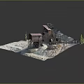 Cartoon Mining Scene In Rocky Terrain With Wooden Buildings Mining Equipment And Pine Trees
