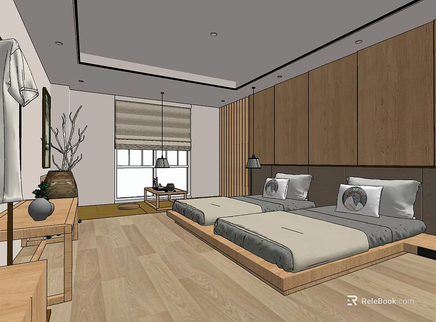 Modern Minimalist Hotel Guest Room Interior With Twin Beds And Wooden Elements 3d model 
