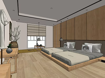 Modern Minimalist Hotel Guest Room Interior With Twin Beds And Wooden Elements 3d model