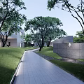 Modern Sales Office Building With Stone Facade And Tree Surrounded Entrance Walkway