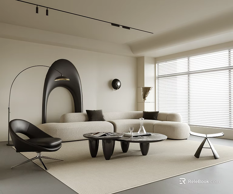 Modern Living Room Interior With Curved Sofa Round Coffee Table Floor Lamp And Large Window 3d model 