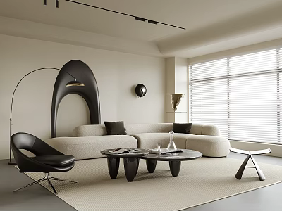 Modern Living Room Interior With Curved Sofa Round Coffee Table Floor Lamp And Large Window 3d model