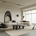 Modern Living Room Interior With Curved Sofa Round Coffee Table Floor Lamp And Large Window