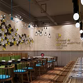 Bright Modern Restaurant Interior With Yellow Decor Wooden Tables Hanging Lamps And Wall Artwork