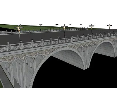 Classic Stone Arch Bridge With Decorative Railings And Street Lamps On Roadway 3d model