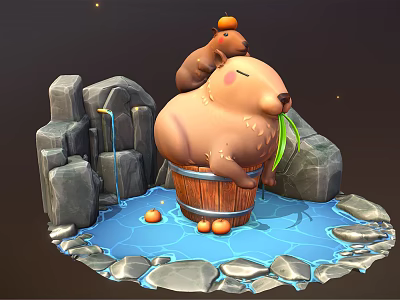 Natural Scene Featuring Bear In Wooden Bucket With Stones Water Oranges And Leaves 3d model