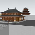Ancient Chinese Architecture Courtyard With Wooden Pillars And Traditional Roofs