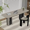 Modern Desk with Laptop Book Flower Vase Near Window Blinds and Wooden Bookshelf