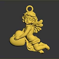 Golden Cherub Pendant With Detailed Wings Holding Heart Shiny Decorative Ornament