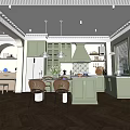 Green Kitchen Interior With Cabinets Island Dining Table Pendant Lights And Herringbone Wooden Floor