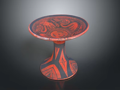 Intricate Circular Base Sculpture Carving With Red Black Geometric Abstract Patterns 3d model