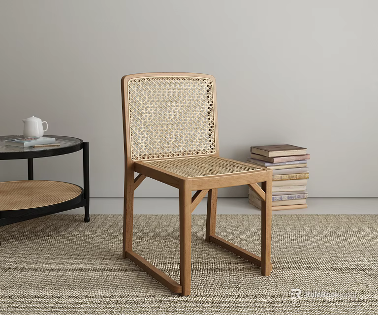 Wooden Dining Chair With Rattan Backrest Woven Seat Near Small Round Table And Books 3d model 